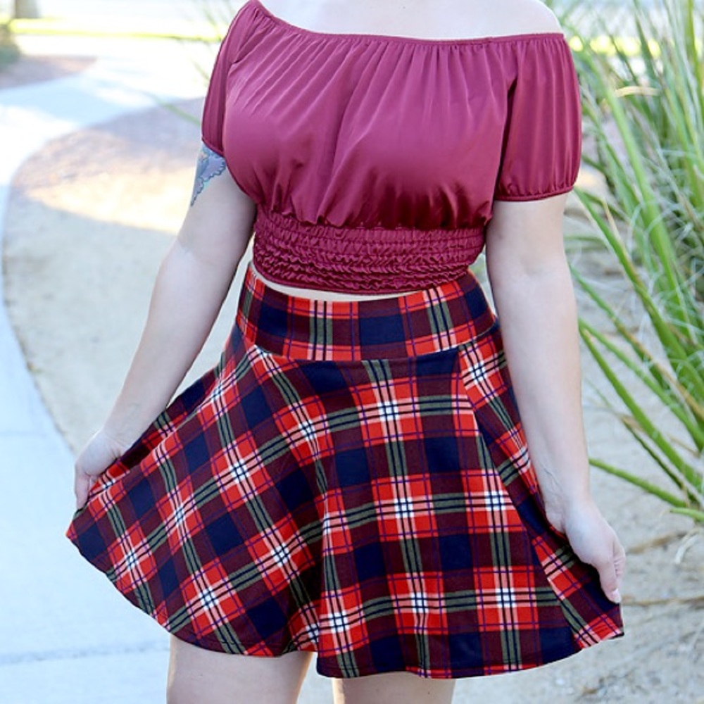 Red plaid print mini skirt